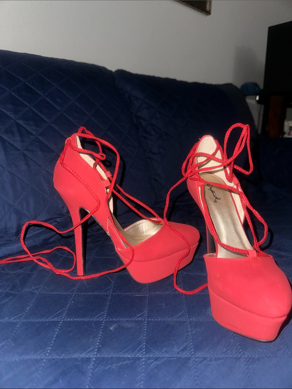 Qupid Red Lace-Up Platform Stiletto Heels